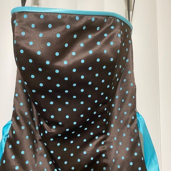 Jessica McLinton for Gunne Sax strapless brown with blue polkadox fit & flare dr - Picture 2 of 5